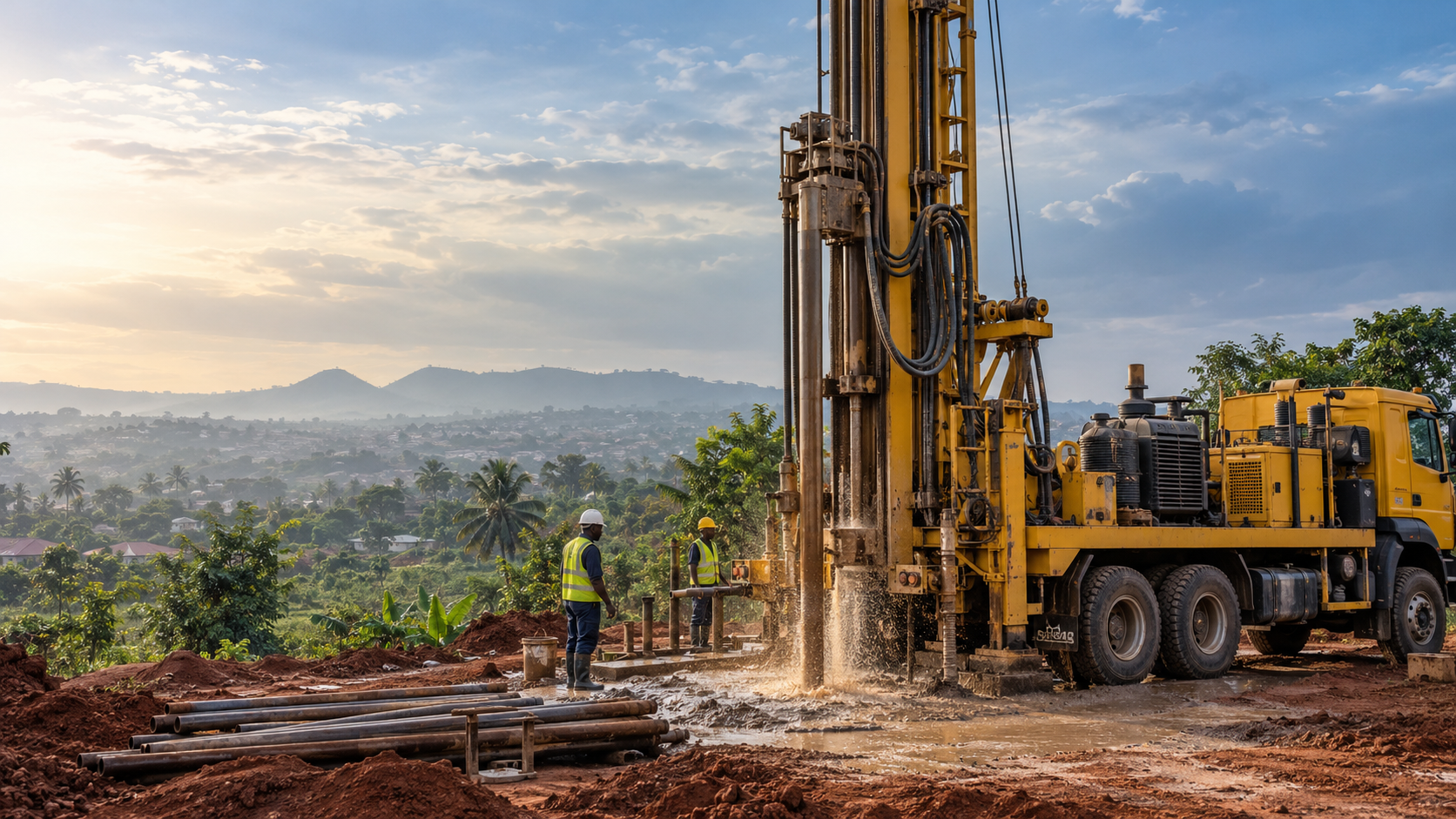 Illustrative scene of a borehole drilling rig at a green, semi-rural worksite